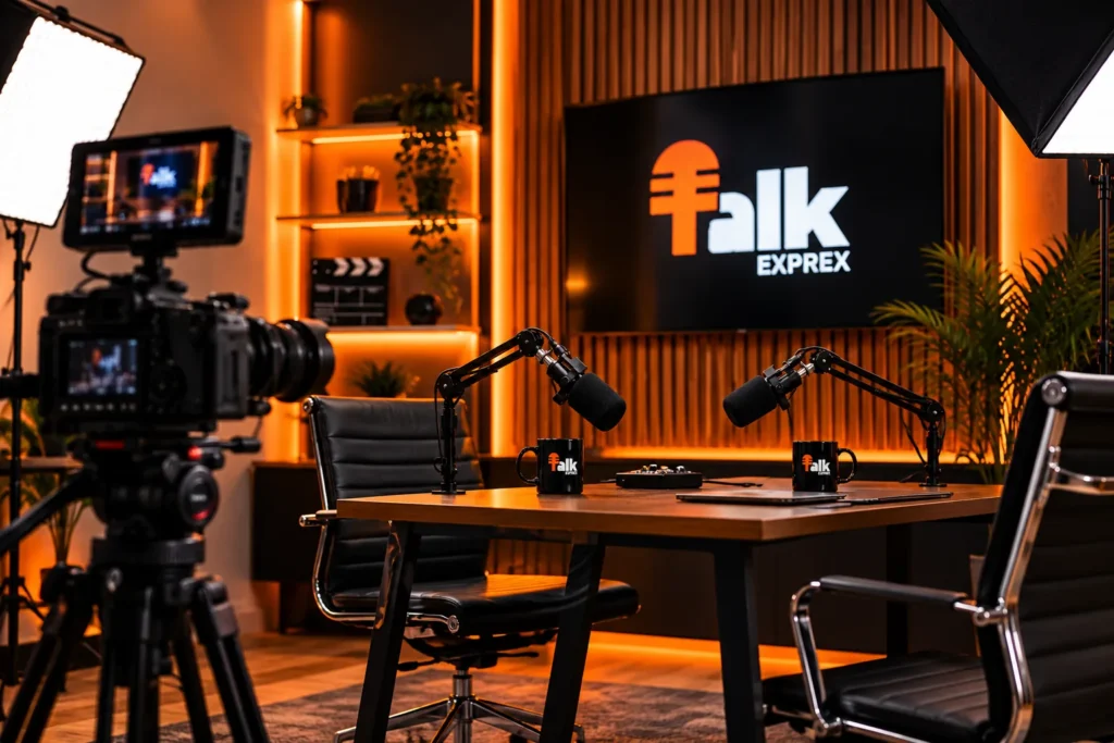 TalkExprex studio with camera, lights and microphones