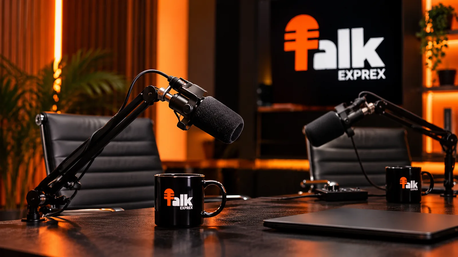 TalkExprex podcast studio with two microphones