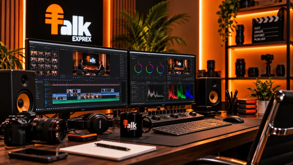 Editor working on post-production in the TalkExprex studio